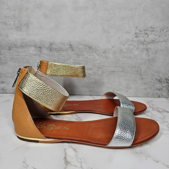 Yosi Samra Ankle Strap Flat Sandals‎ Zip Back Silver Gold Women 6M - Picture 2 of 9